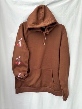 Brown Hooded Pullover Sweatshirt with Cherry Sleeve Detail